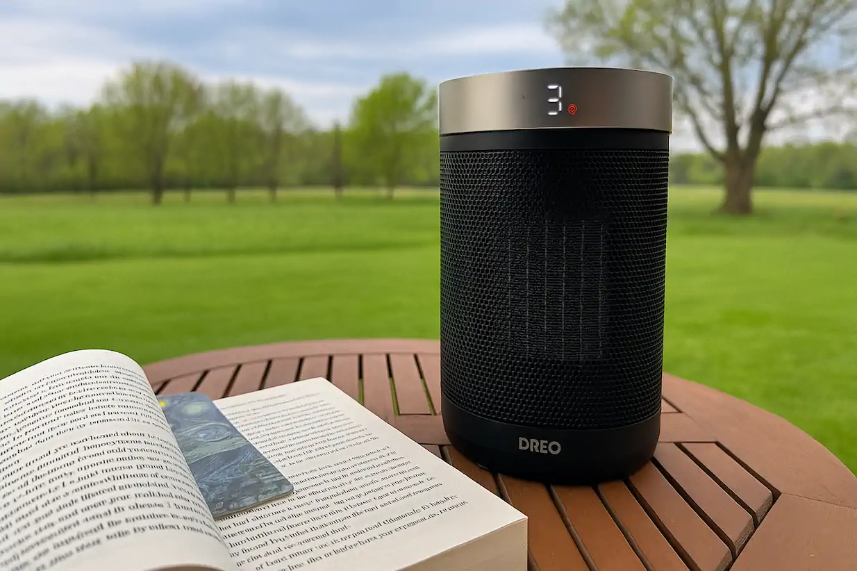 Dreo Heater with garden background on the table with the book