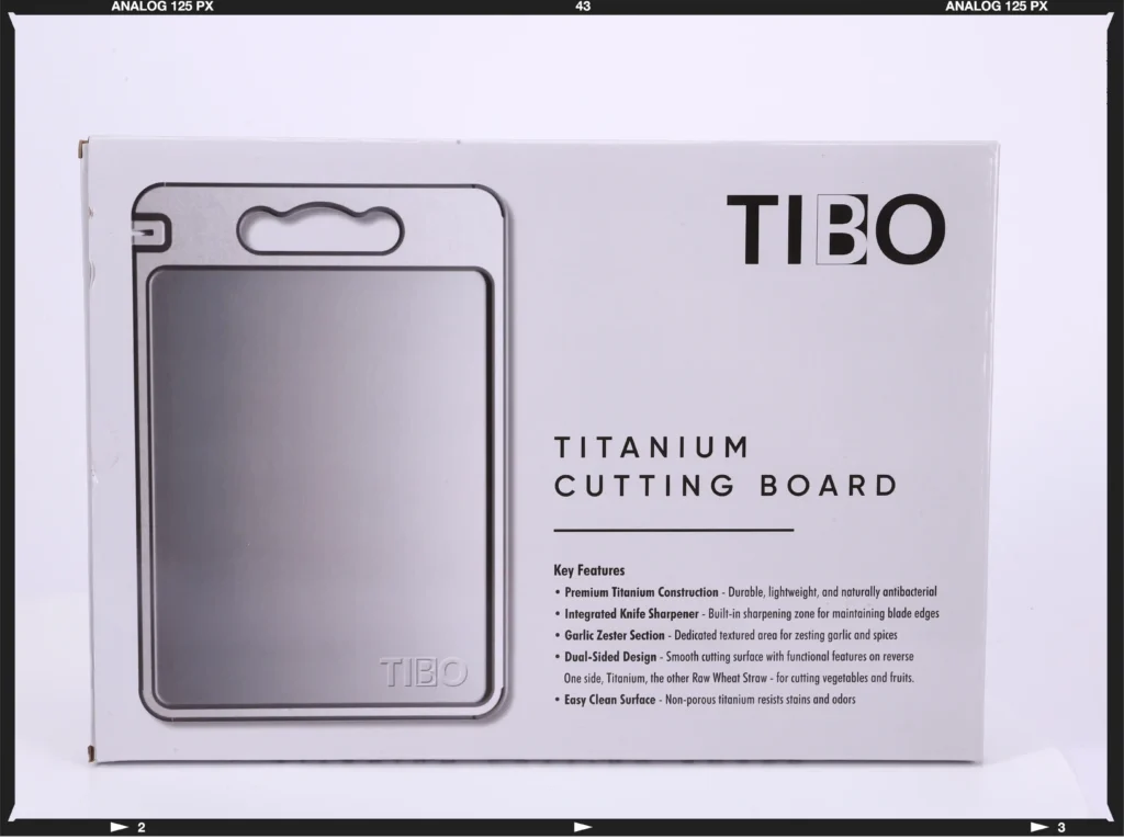 TIBO cutting board box with features and benefits descriptions